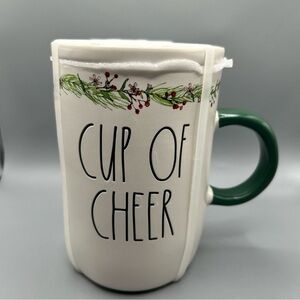 Rae Dunn CUP OF CHEER Christmas Ceramic Mug with COZY Coaster Lid NEW